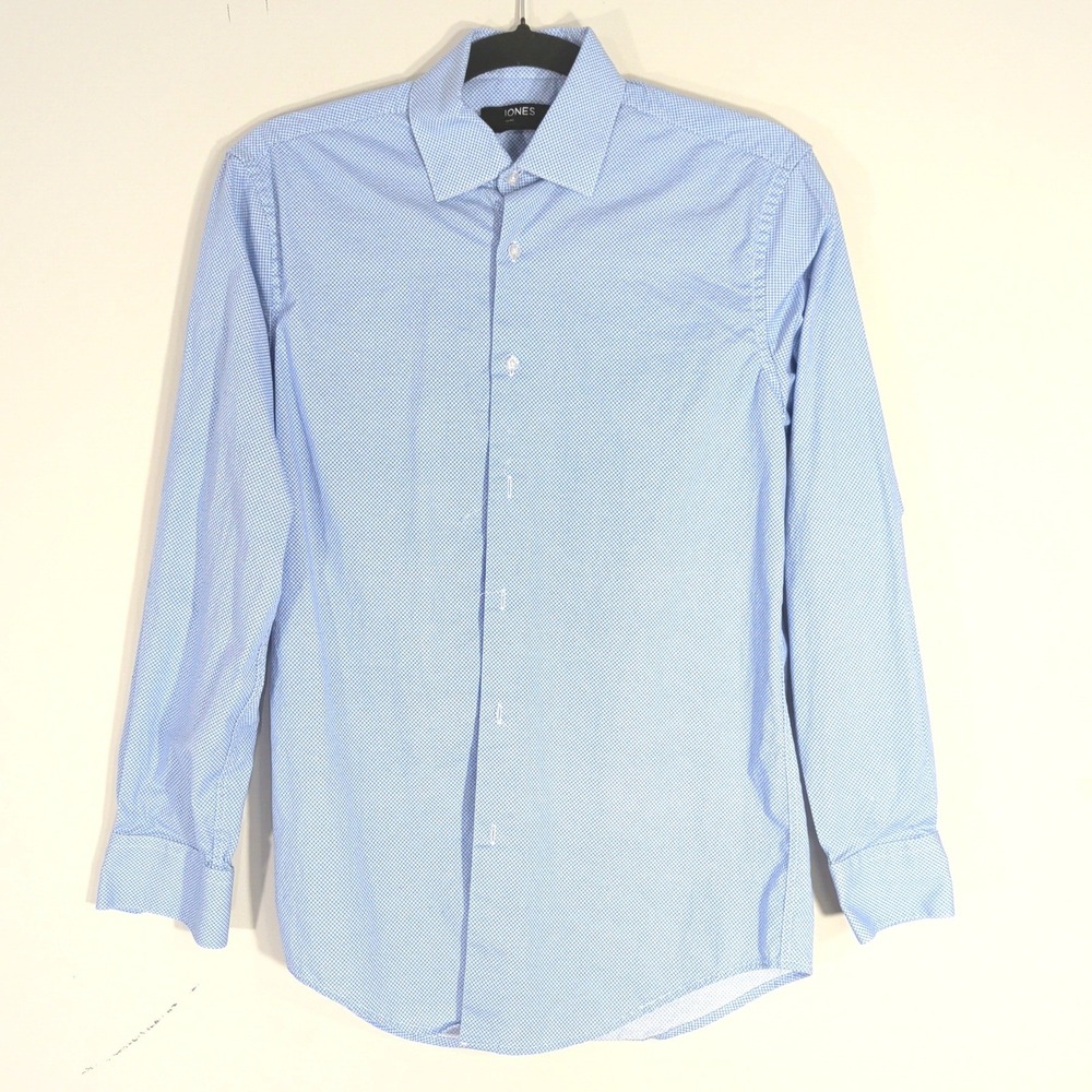 Jones New York Blue Dress Shirt; Geometric Diamond Print Stretch